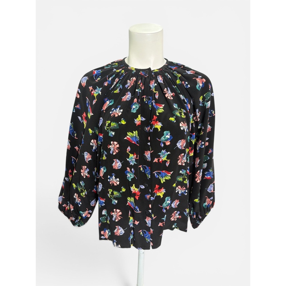 Tucker Silk Metallic Floral Smocked Button Front Blouse Black Multicolor M L